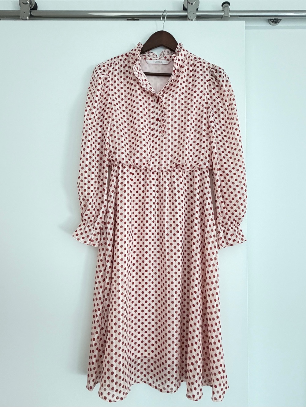 Blush Polka Dot Long Sleeve Midi Dress in Burgundy